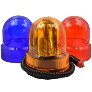 Beacon Orange, Red, Blue Dimensions: Diameter: 120mm Height: 150mm Flexible cable up to 3 meters Extra info: Beacon with 3 caps: Orange, Red, Blue 10W 12 volts With strong magnet Cigarette lighter connection